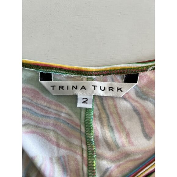 Trina Turk Dress Camellia Cover Up Resort Beach Size 2 Green 35” Psychedelic 3/4 - Picture 11 of 16